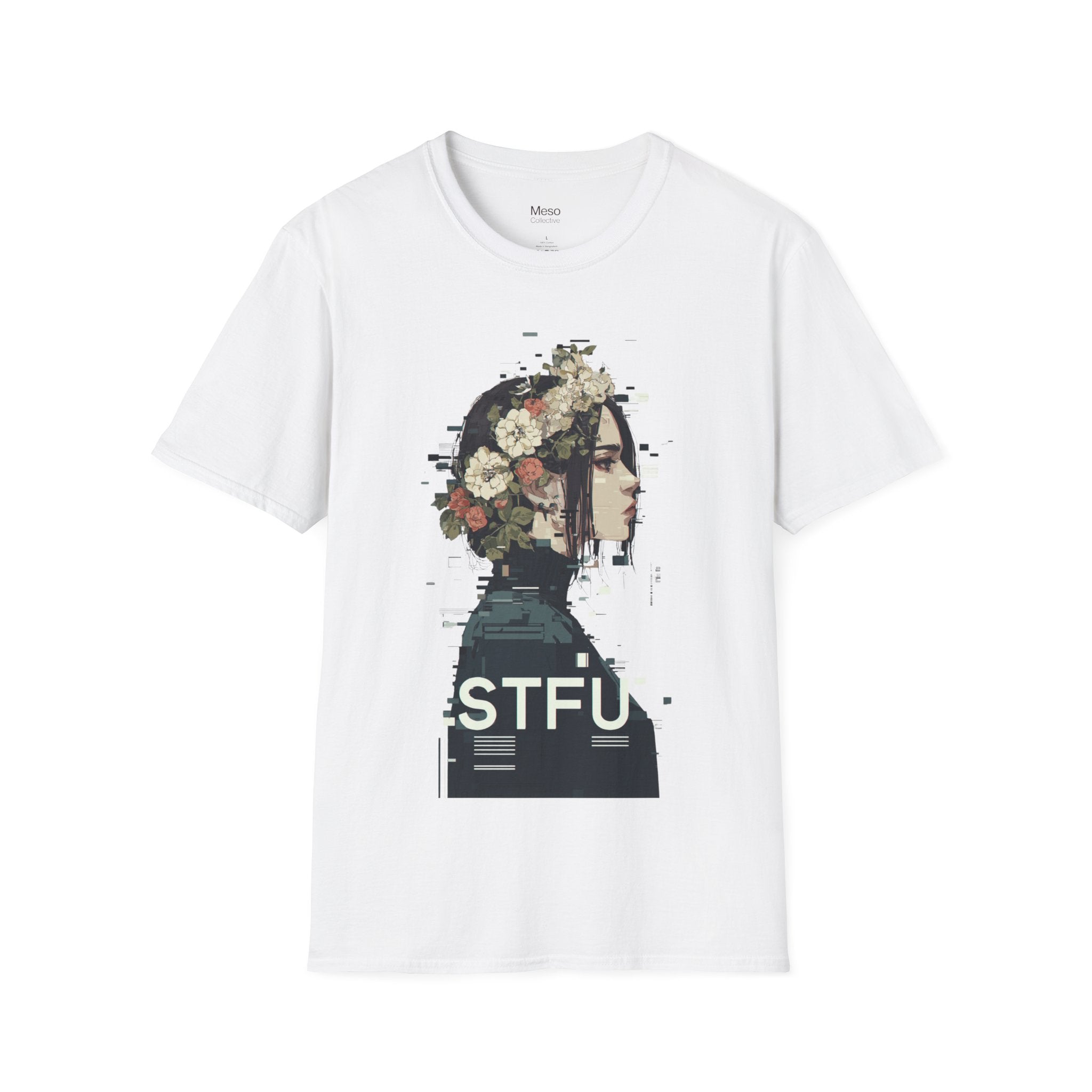 Floral Profile Portrait T-Shirt | Glitch Art STFU Text