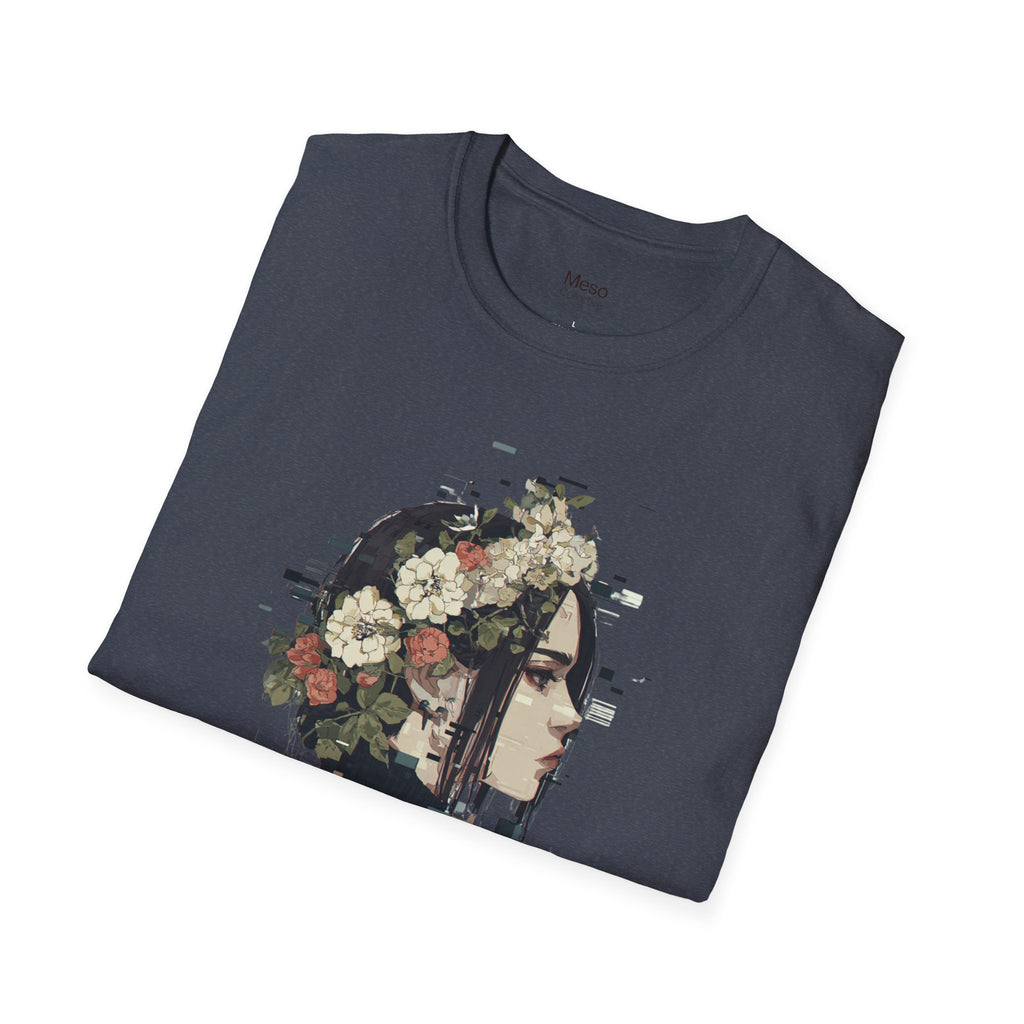 Floral Profile Portrait T-Shirt | Glitch Art STFU Text