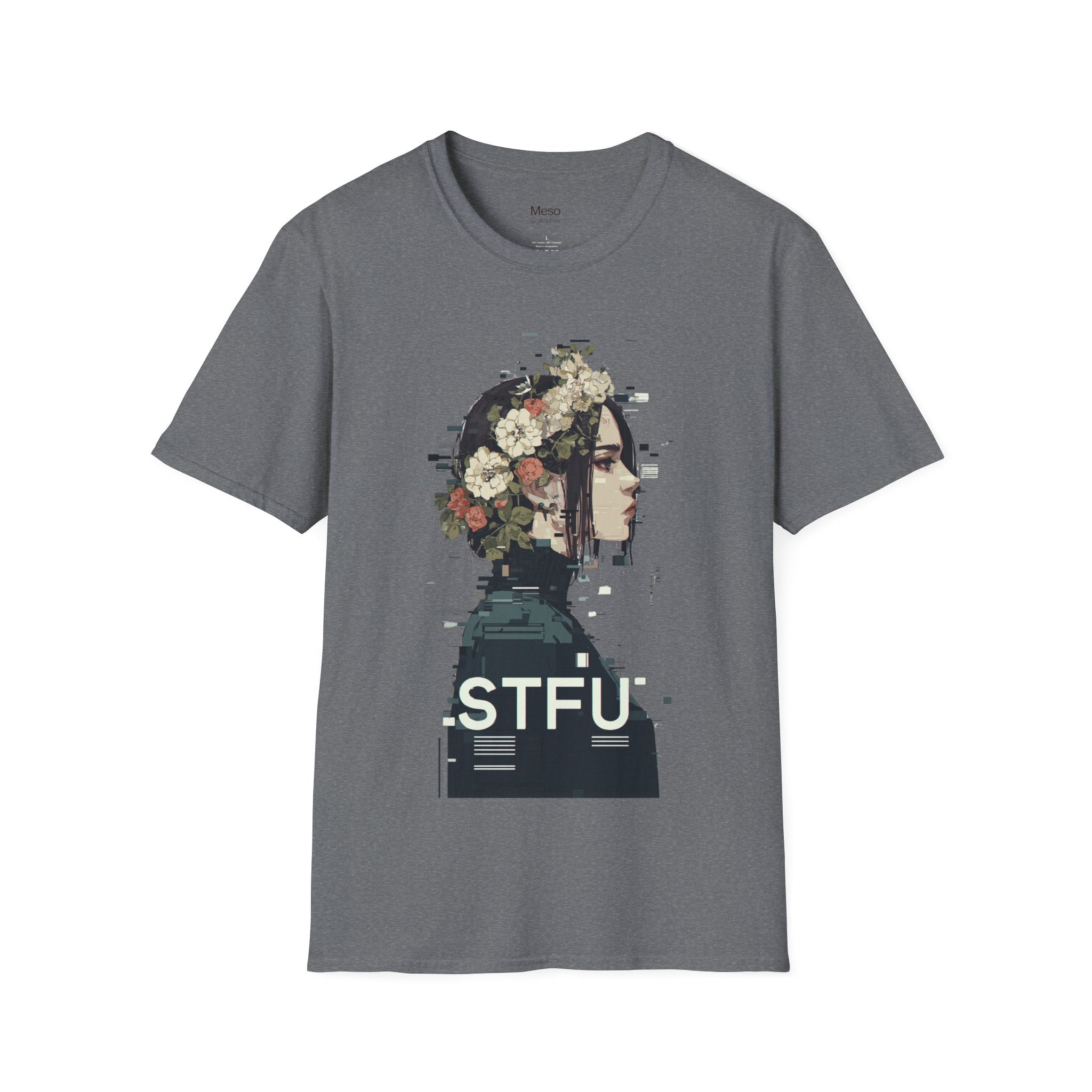 Floral Profile Portrait T-Shirt | Glitch Art STFU Text