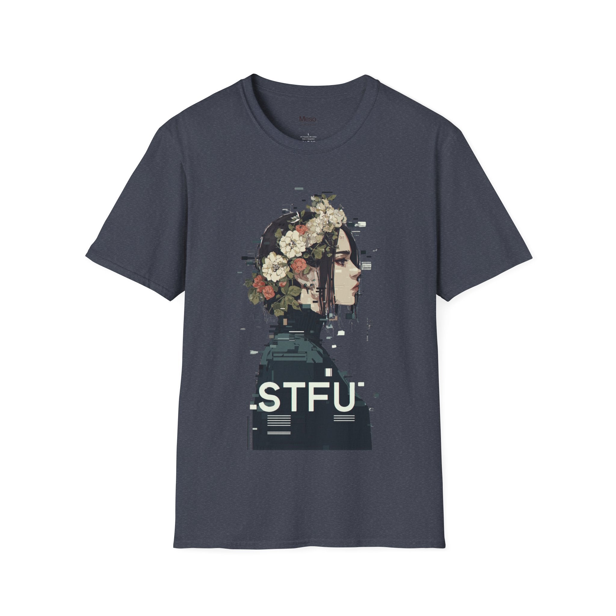 Floral Profile Portrait T-Shirt | Glitch Art STFU Text