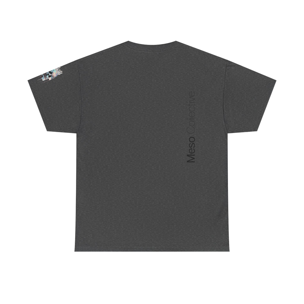 T-Shirt — Minimal 'Meso Collective' Back Print Tee with Subtle Sleeve Graphic