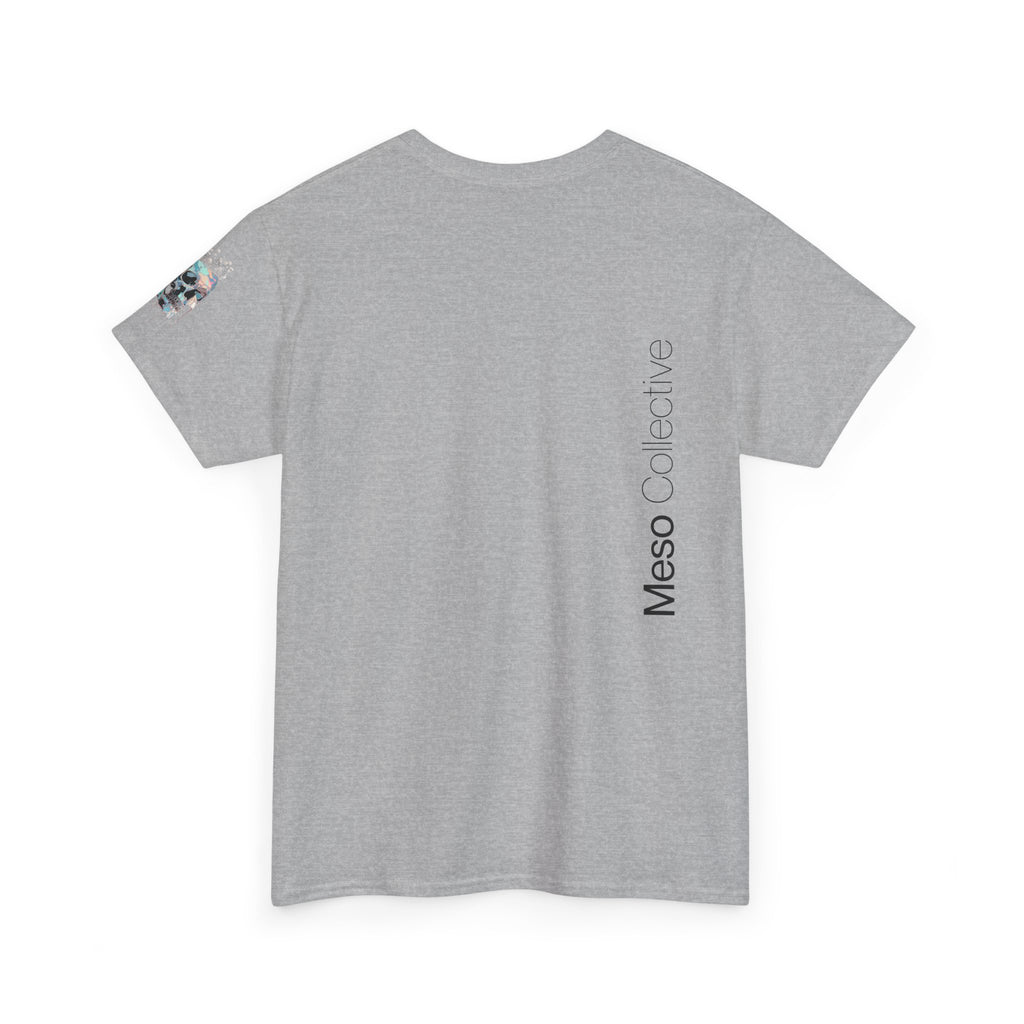 T-Shirt — Minimal 'Meso Collective' Back Print Tee with Subtle Sleeve Graphic