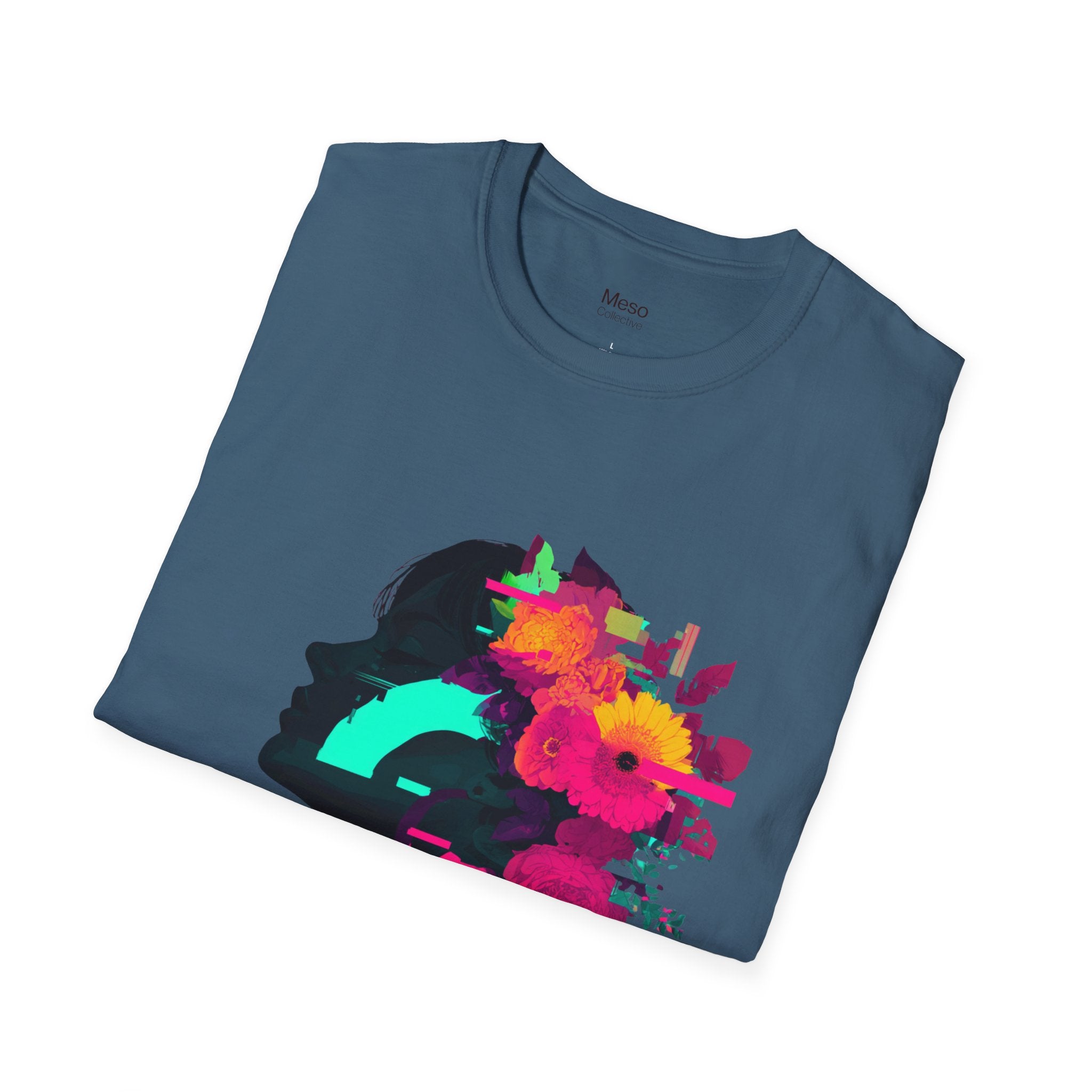 Floral Glitch Silhouette T-Shirt | Neon Flowers Portrait