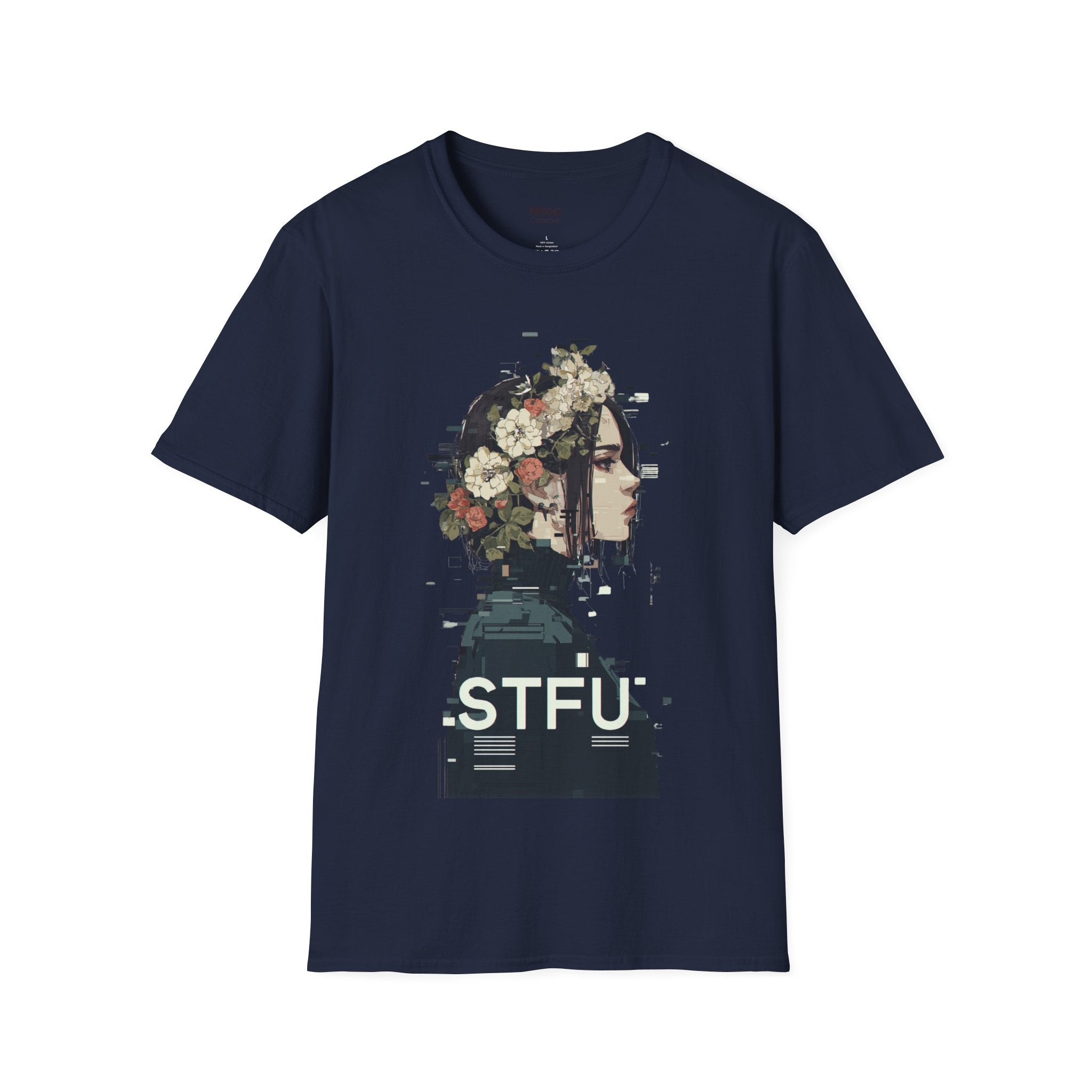 Floral Profile Portrait T-Shirt | Glitch Art STFU Text