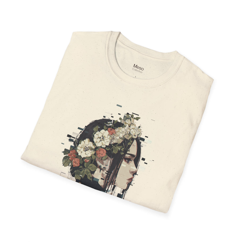 Floral Profile Portrait T-Shirt | Glitch Art STFU Text