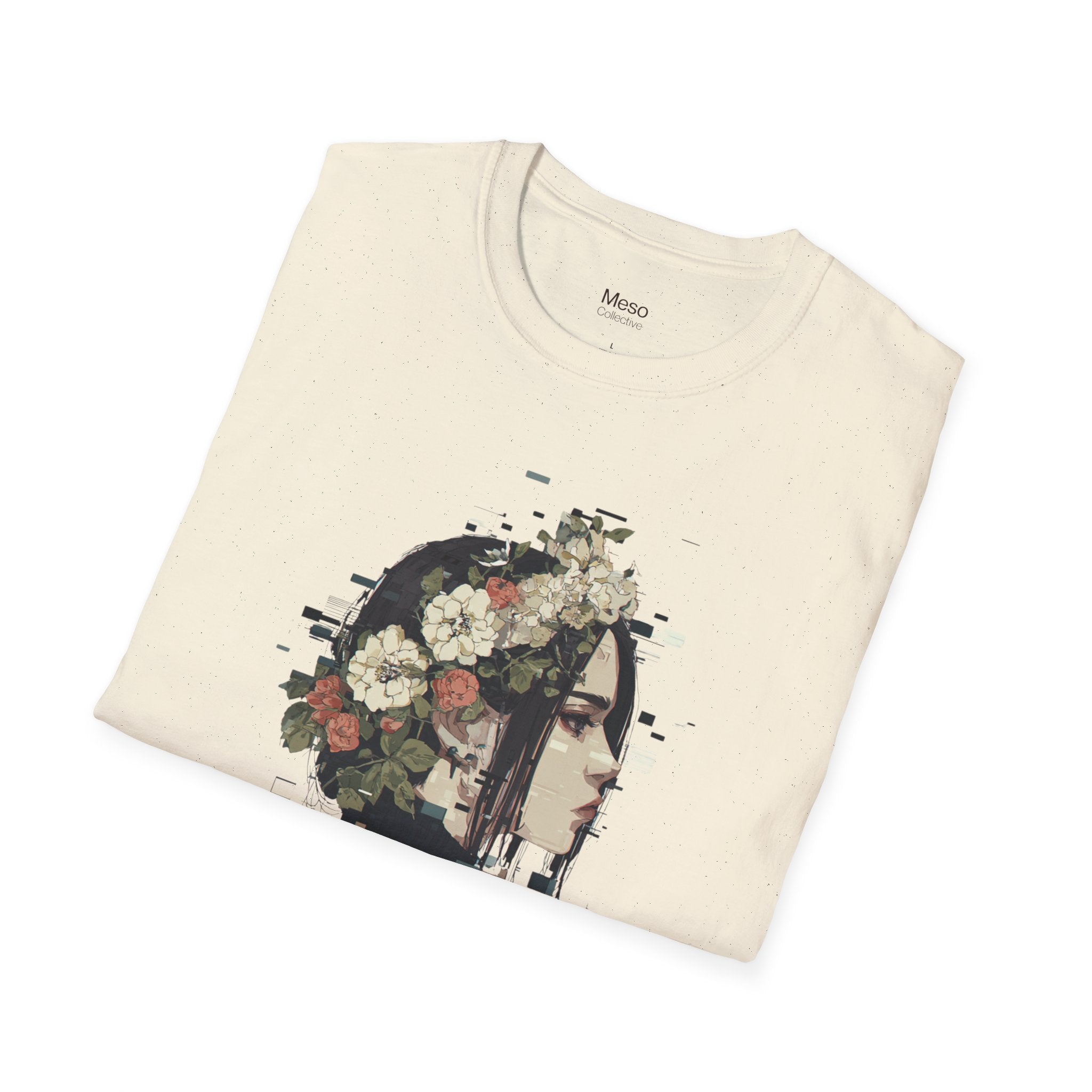 Floral Profile Portrait T-Shirt | Glitch Art STFU Text