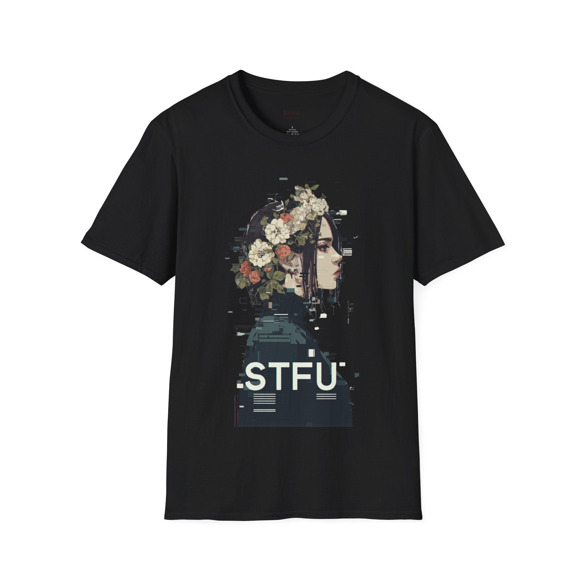 Floral Profile Portrait T-Shirt | Glitch Art STFU Text