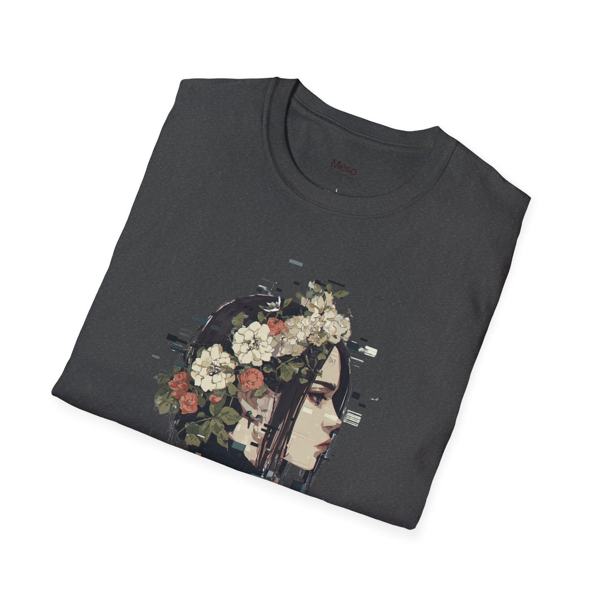 Floral Profile Portrait T-Shirt | Glitch Art STFU Text