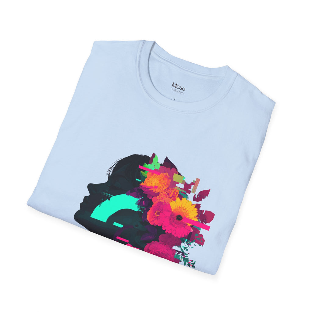 Floral Glitch Silhouette T-Shirt | Neon Flowers Portrait