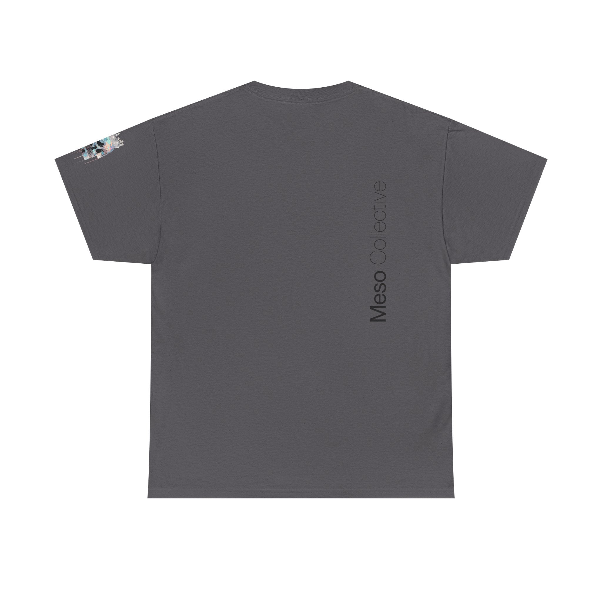 T-Shirt — Minimal 'Meso Collective' Back Print Tee with Subtle Sleeve Graphic