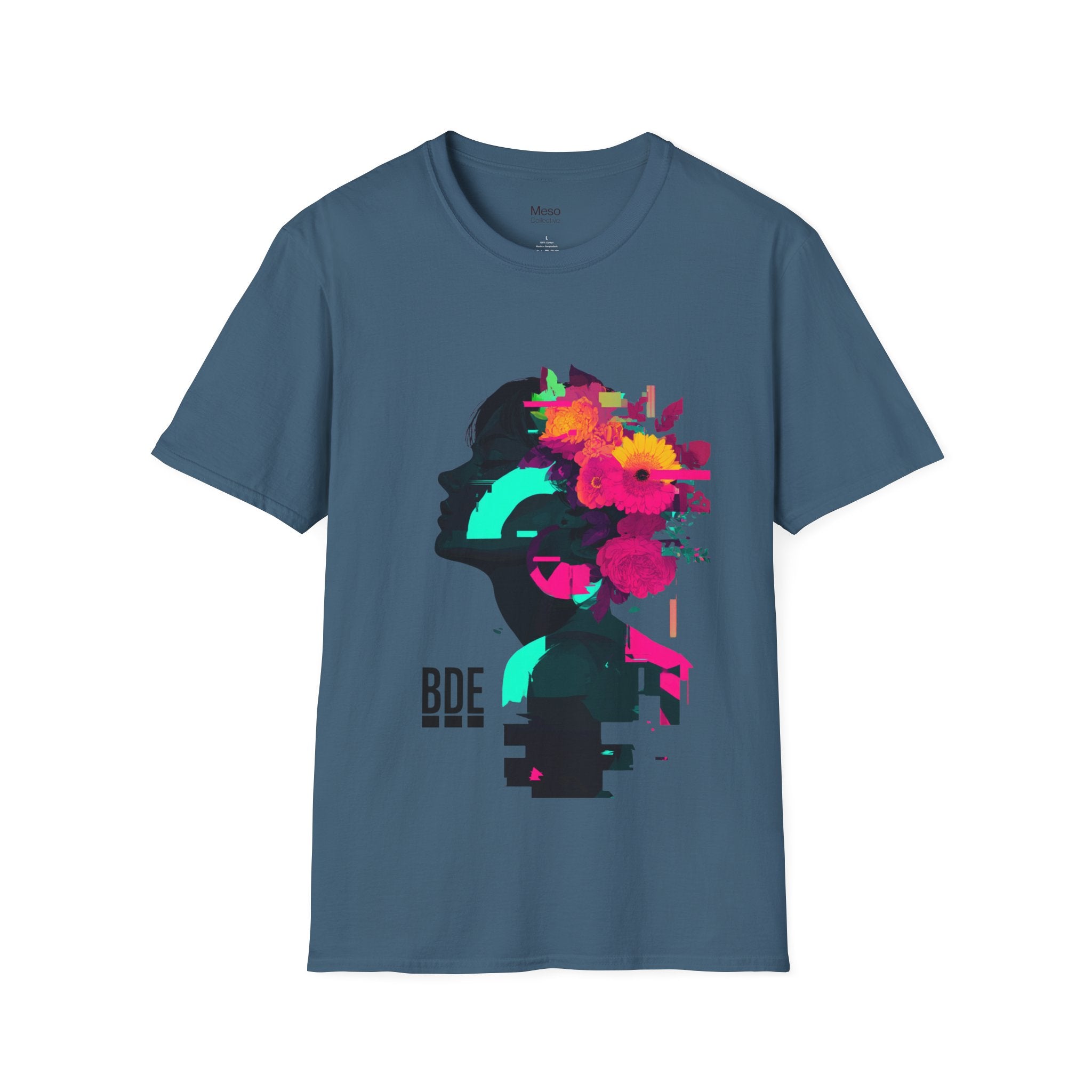 Floral Glitch Silhouette T-Shirt | Neon Flowers Portrait