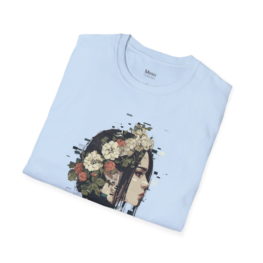 Floral Profile Portrait T-Shirt | Glitch Art STFU Text