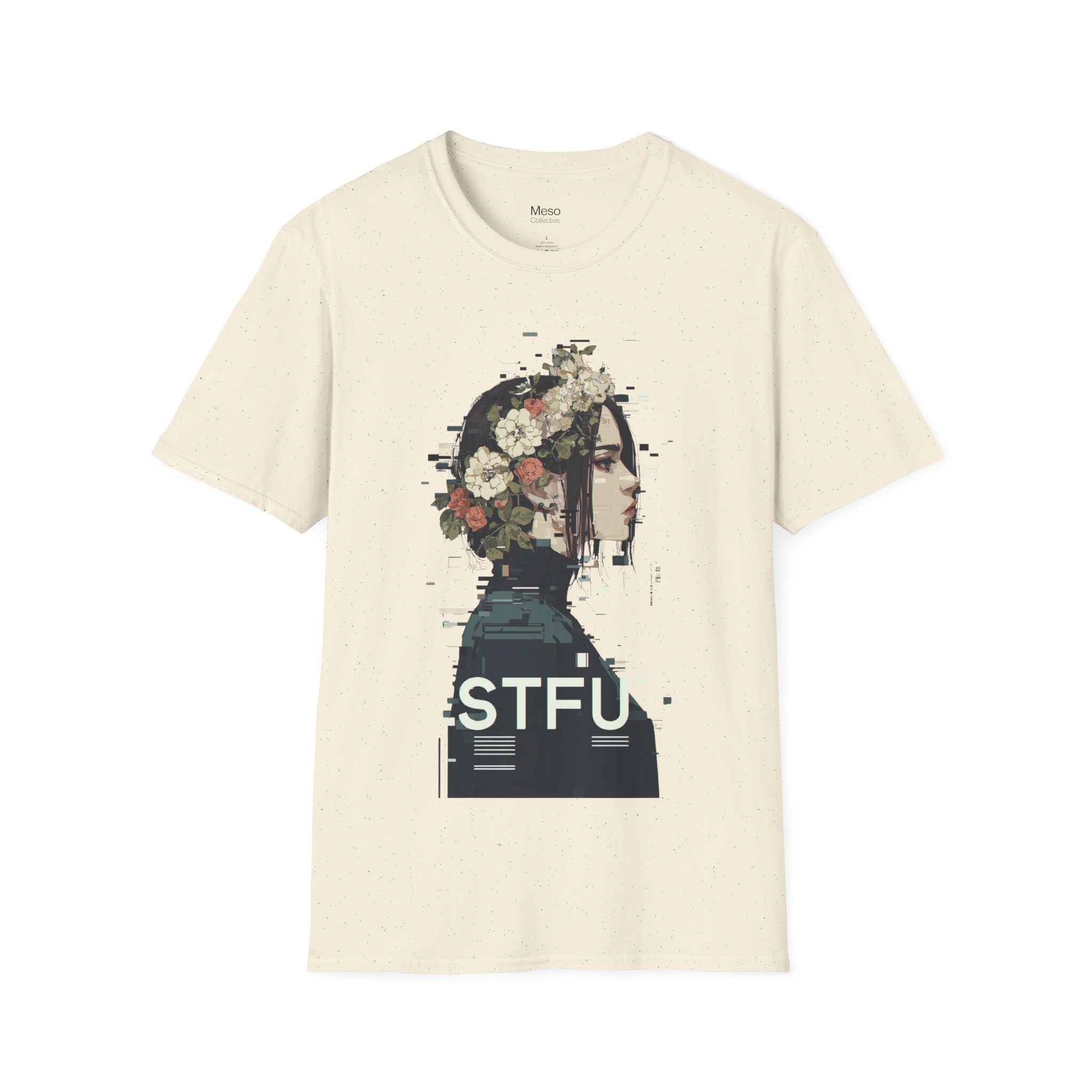 Floral Profile Portrait T-Shirt | Glitch Art STFU Text