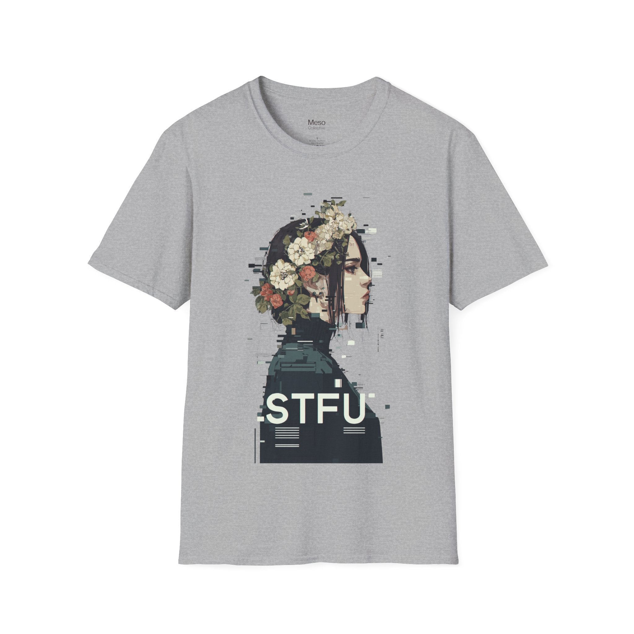 Floral Profile Portrait T-Shirt | Glitch Art STFU Text