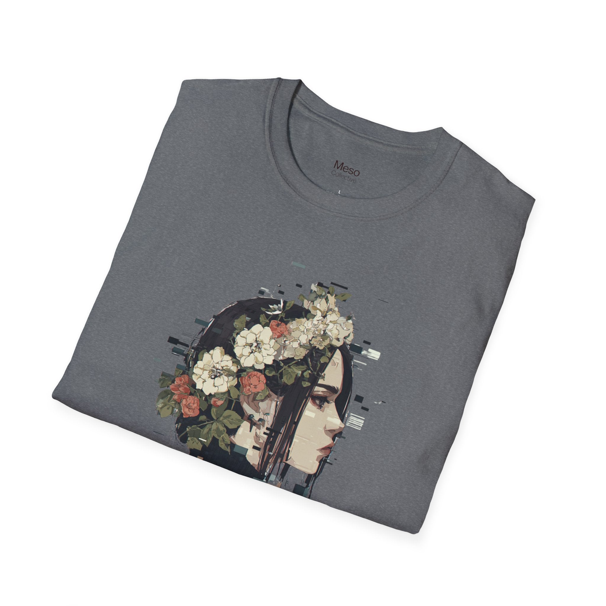 Floral Profile Portrait T-Shirt | Glitch Art STFU Text