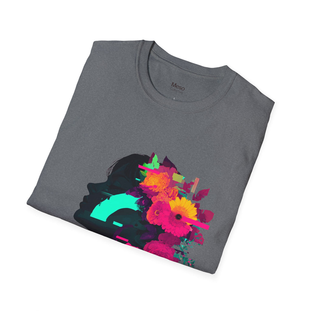 Floral Glitch Silhouette T-Shirt | Neon Flowers Portrait