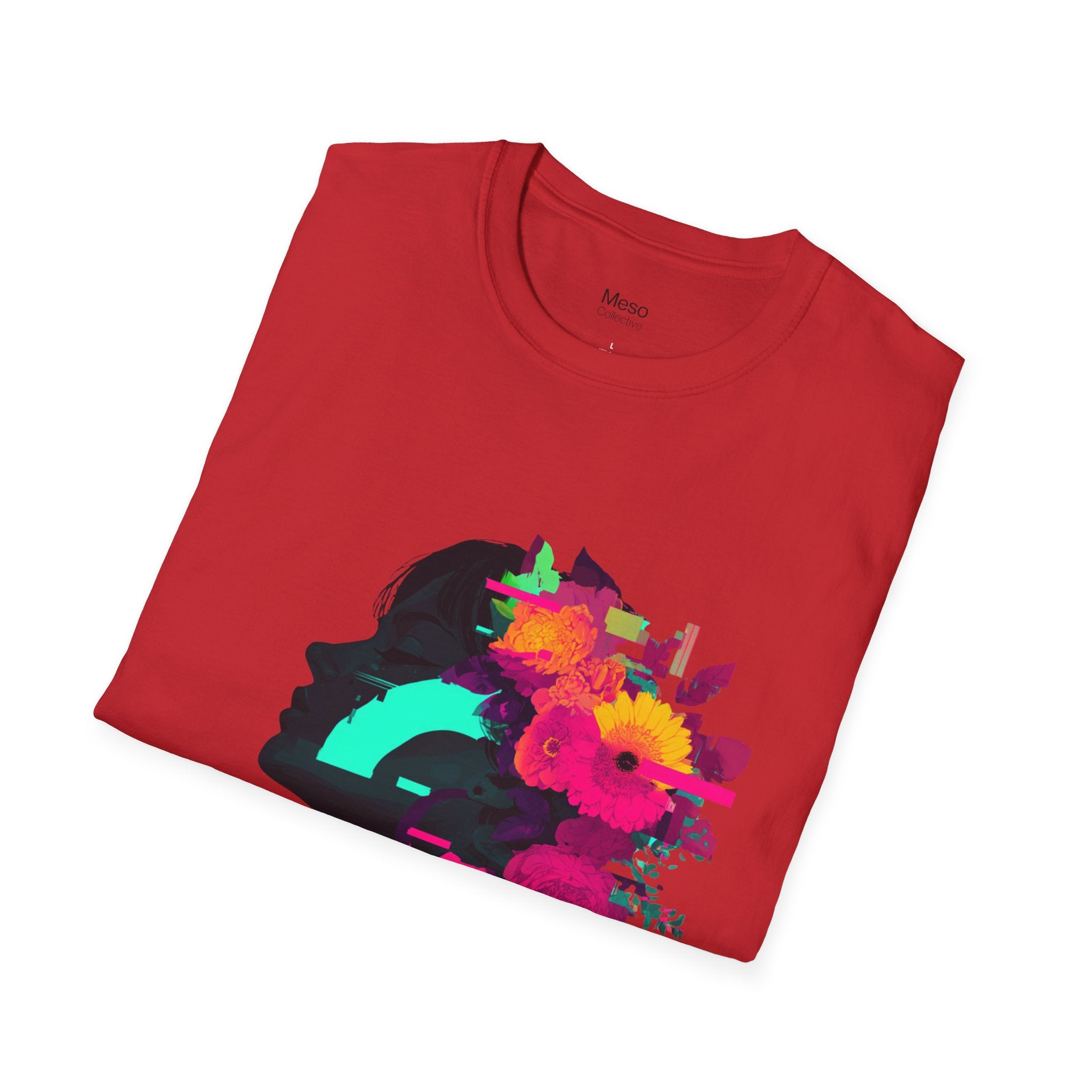 Floral Glitch Silhouette T-Shirt | Neon Flowers Portrait