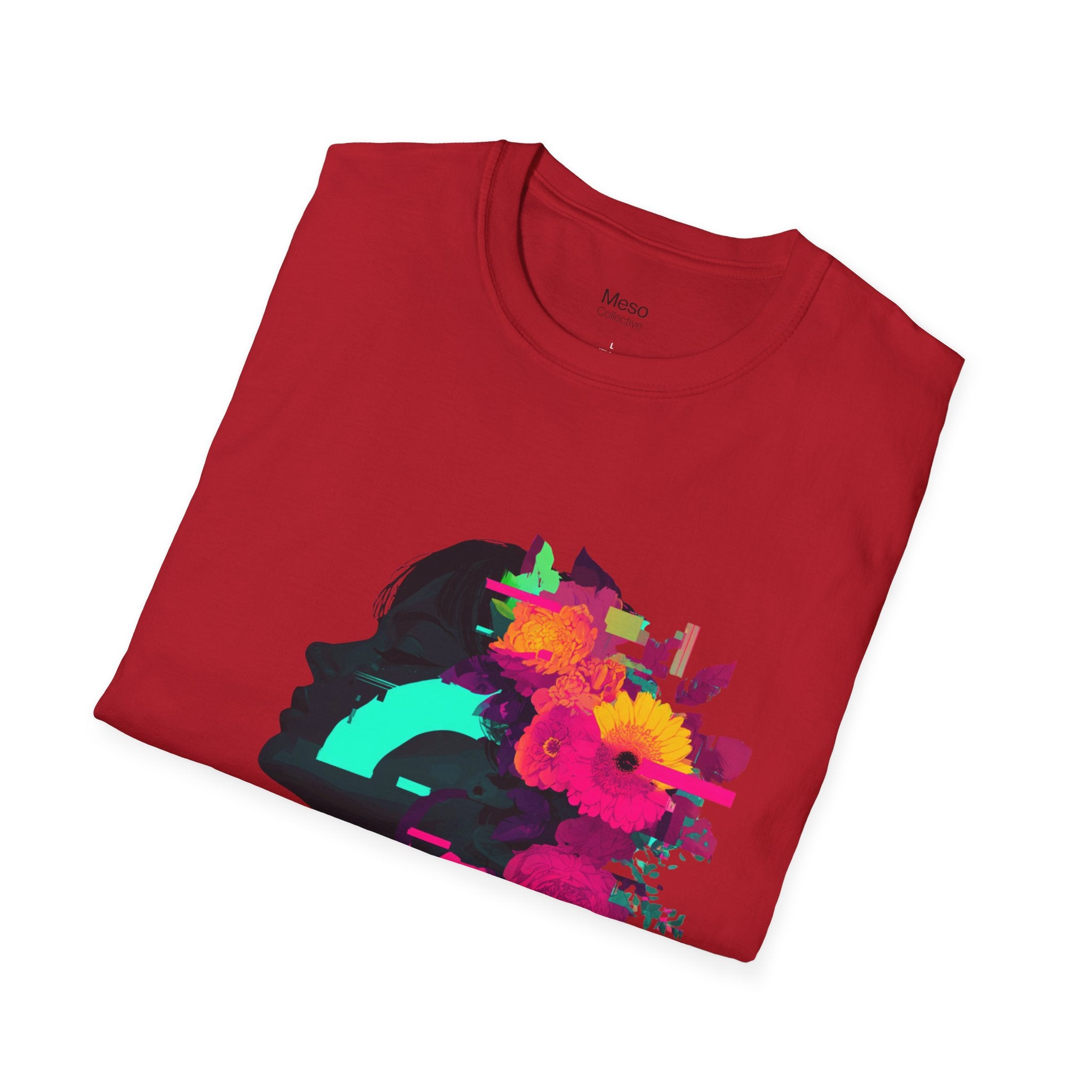 Floral Glitch Silhouette T-Shirt | Neon Flowers Portrait