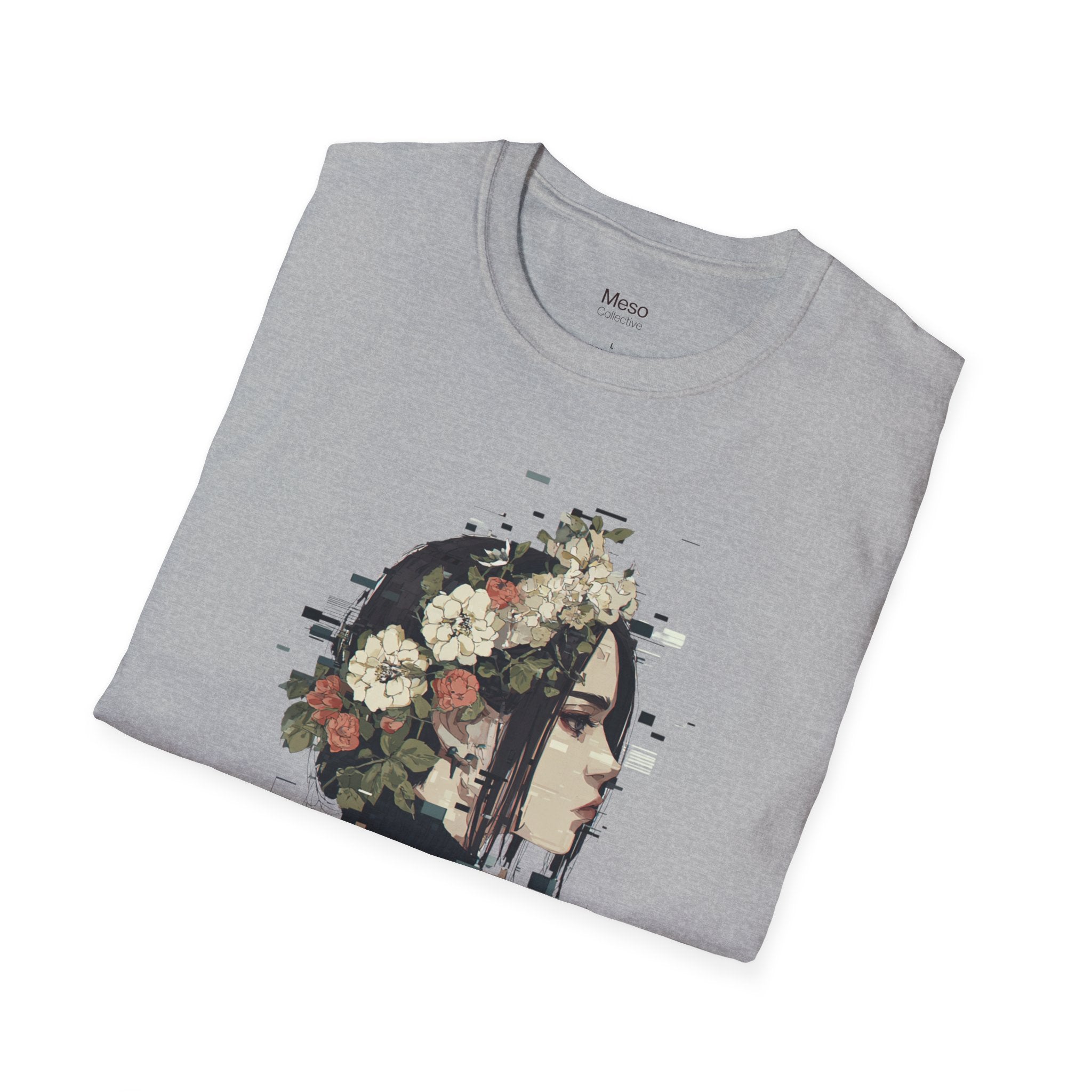 Floral Profile Portrait T-Shirt | Glitch Art STFU Text