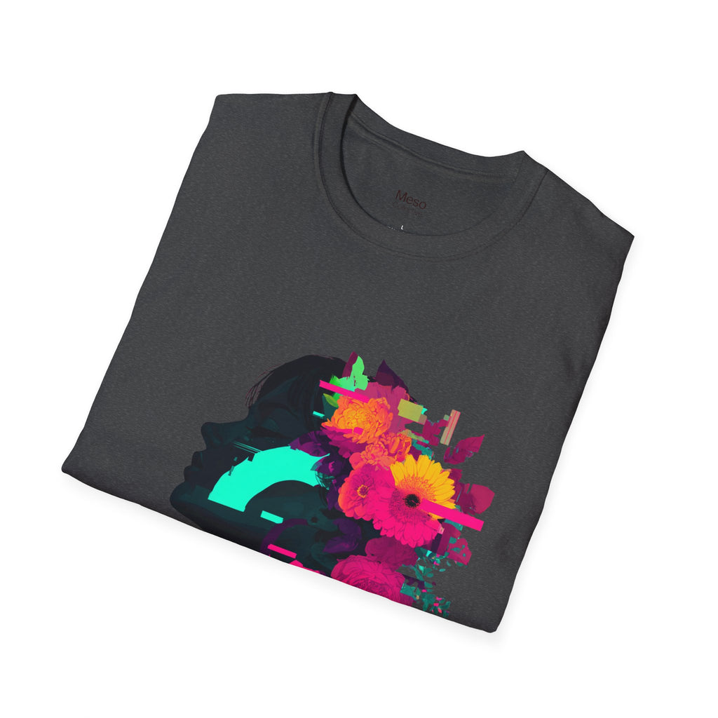 Floral Glitch Silhouette T-Shirt | Neon Flowers Portrait