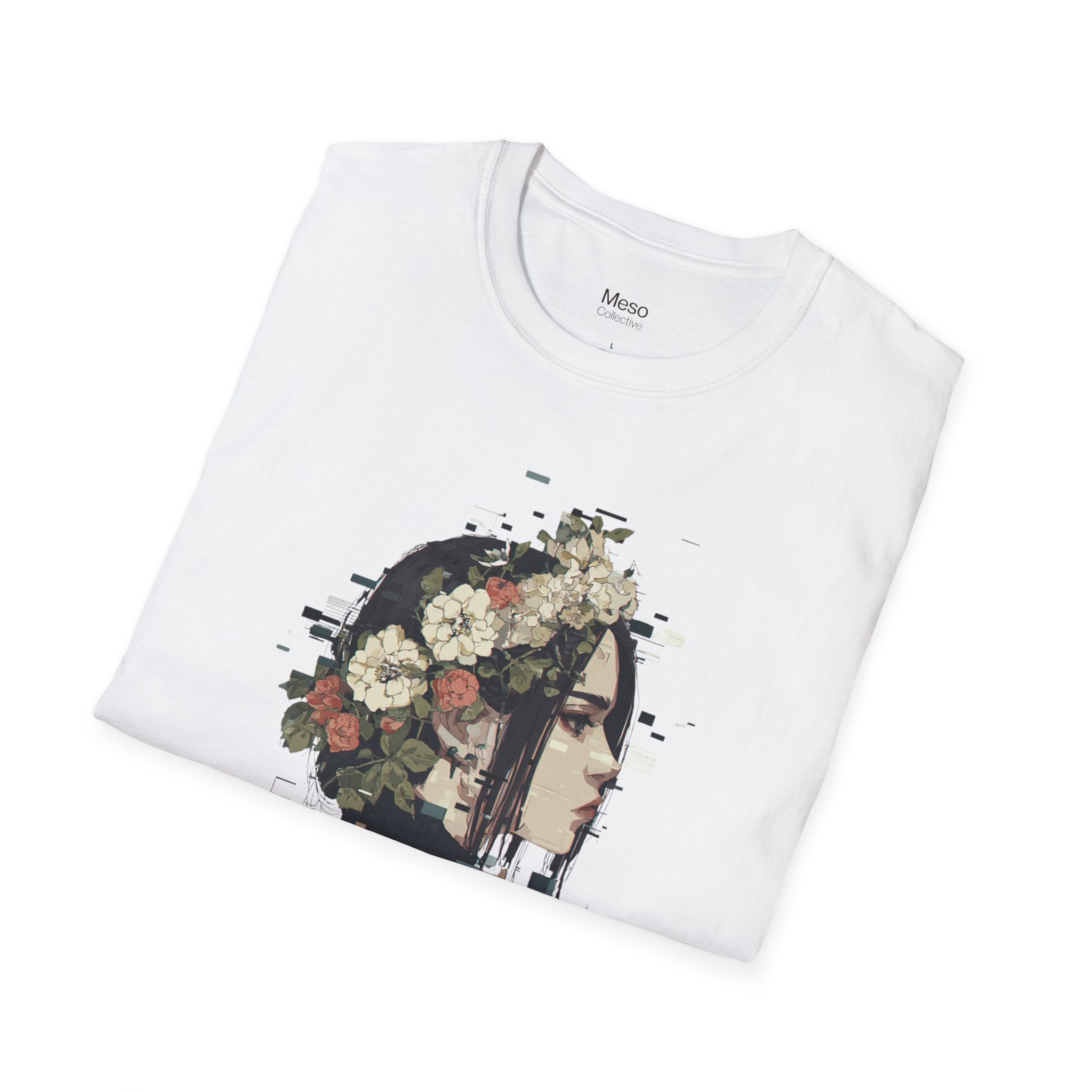 Floral Profile Portrait T-Shirt | Glitch Art STFU Text