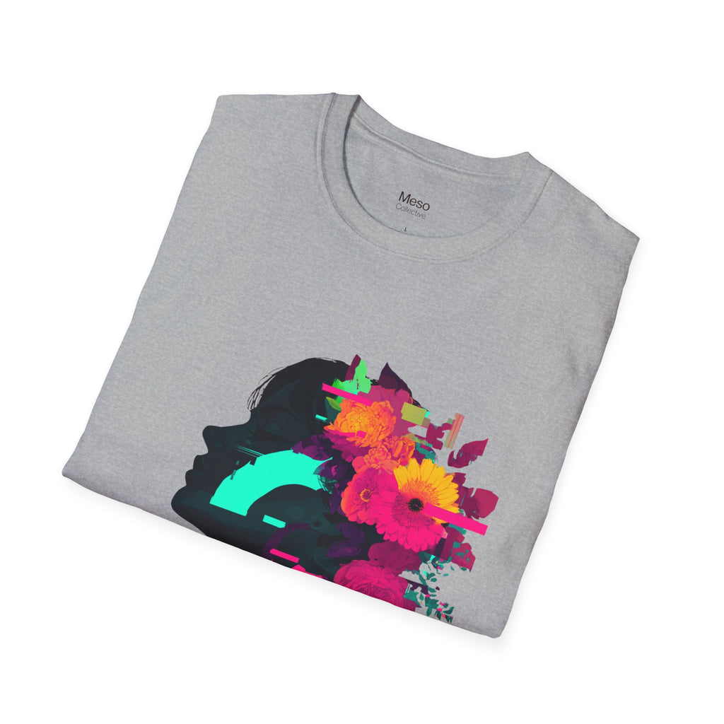 Floral Glitch Silhouette T-Shirt | Neon Flowers Portrait