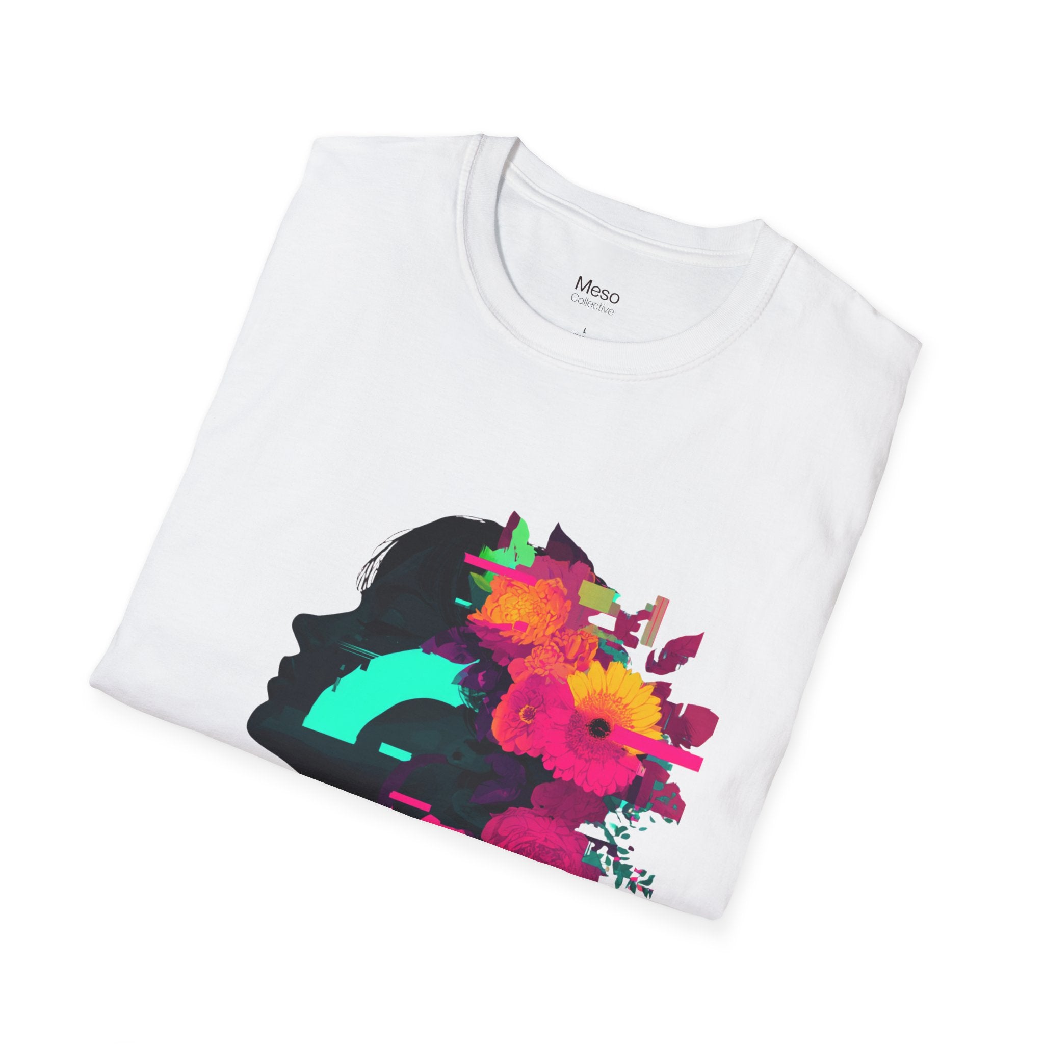 Floral Glitch Silhouette T-Shirt | Neon Flowers Portrait