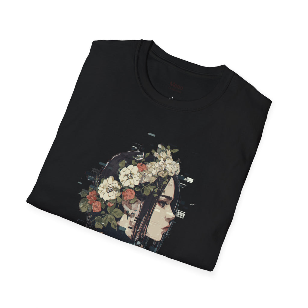 Floral Profile Portrait T-Shirt | Glitch Art STFU Text