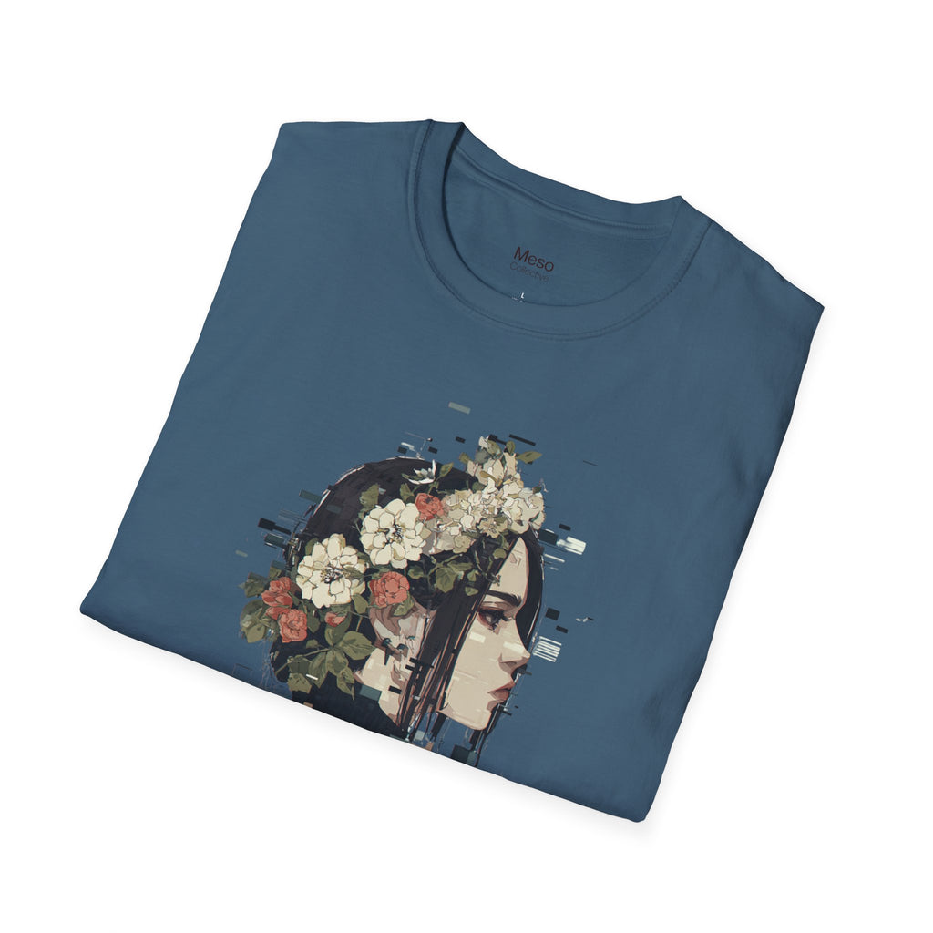 Floral Profile Portrait T-Shirt | Glitch Art STFU Text