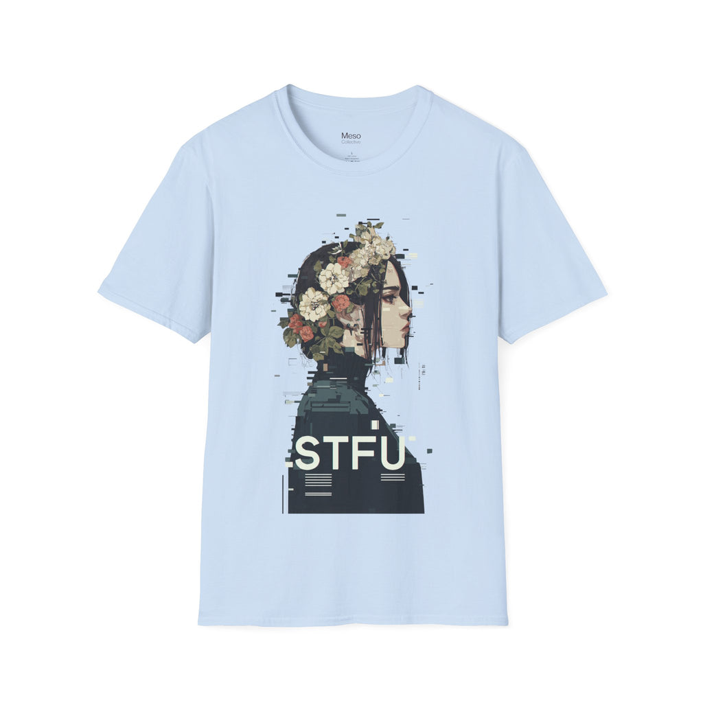 Floral Profile Portrait T-Shirt | Glitch Art STFU Text