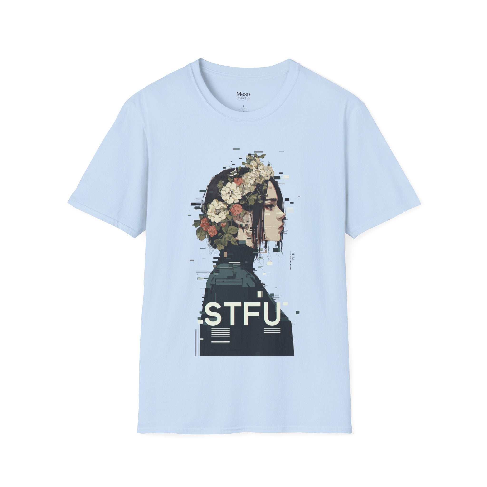 Floral Profile Portrait T-Shirt | Glitch Art STFU Text