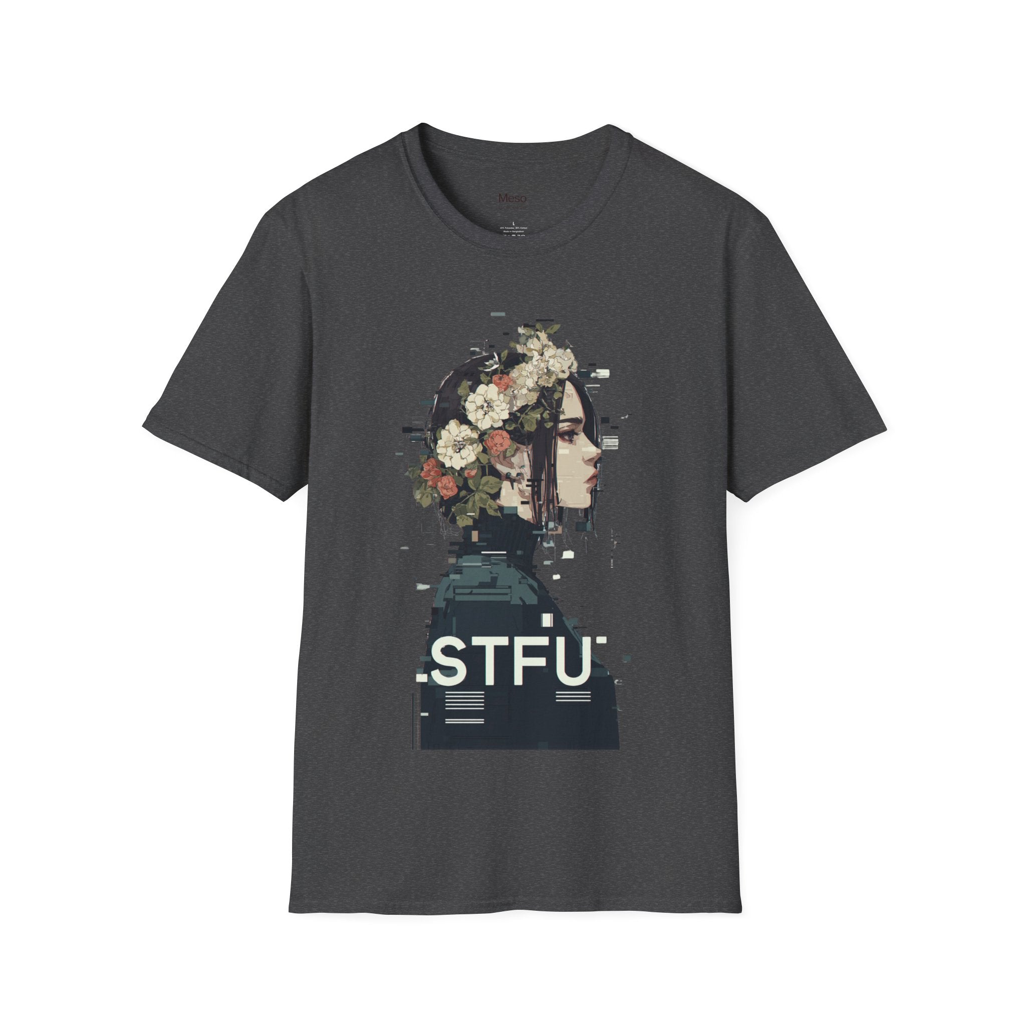 Floral Profile Portrait T-Shirt | Glitch Art STFU Text