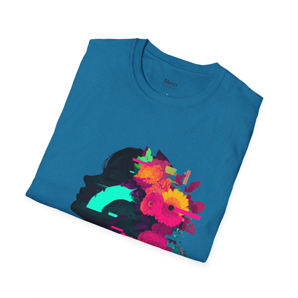 Floral Glitch Silhouette T-Shirt | Neon Flowers Portrait