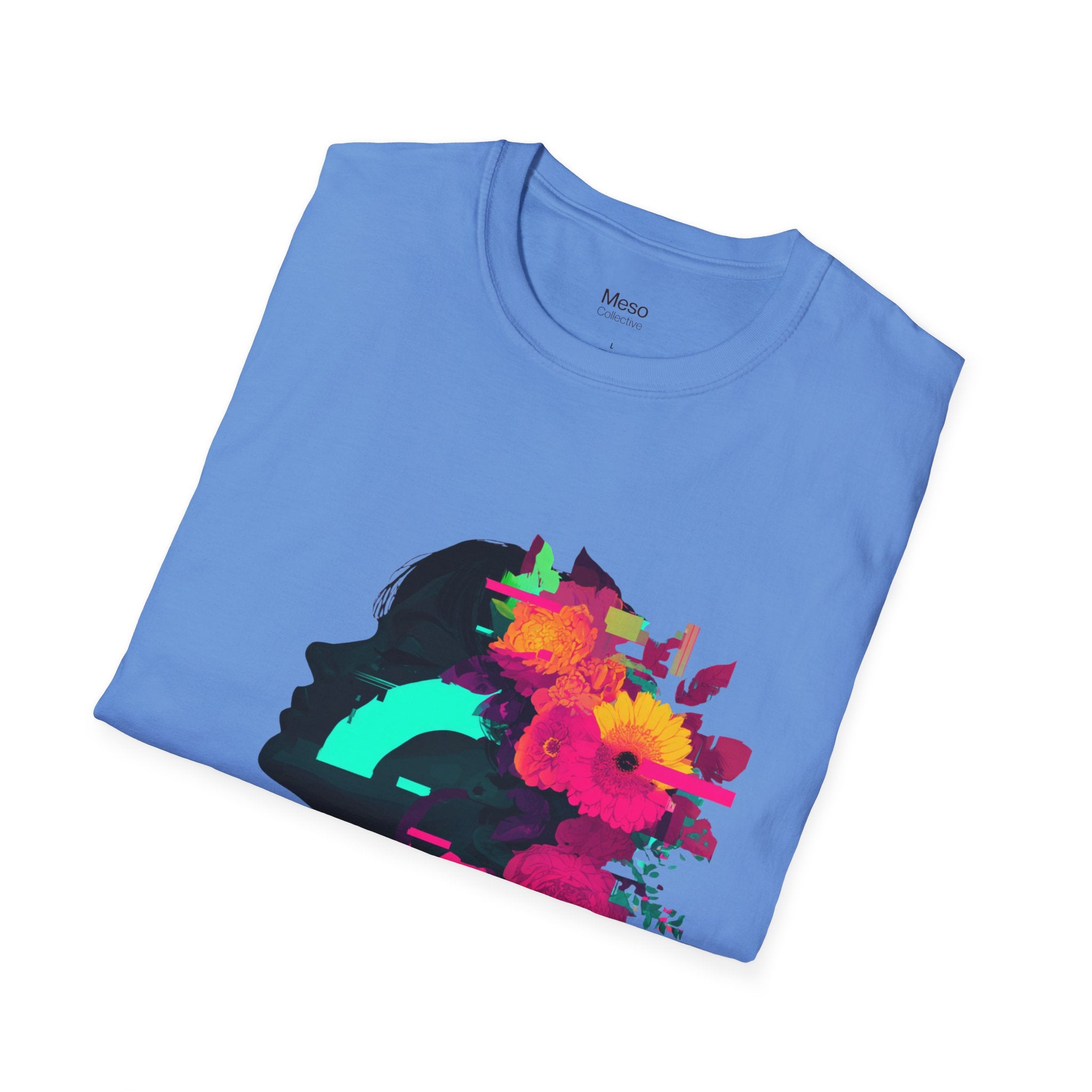 Floral Glitch Silhouette T-Shirt | Neon Flowers Portrait