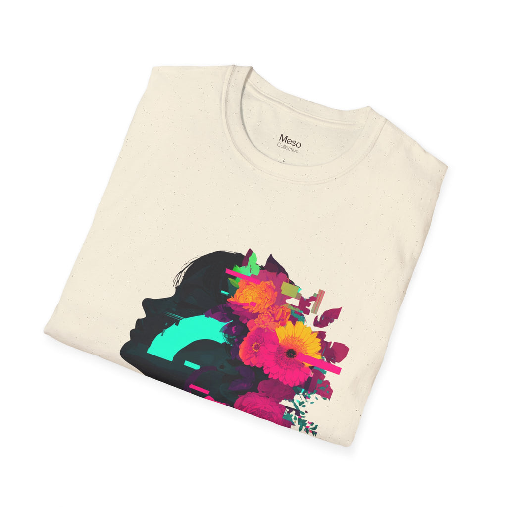 Floral Glitch Silhouette T-Shirt | Neon Flowers Portrait